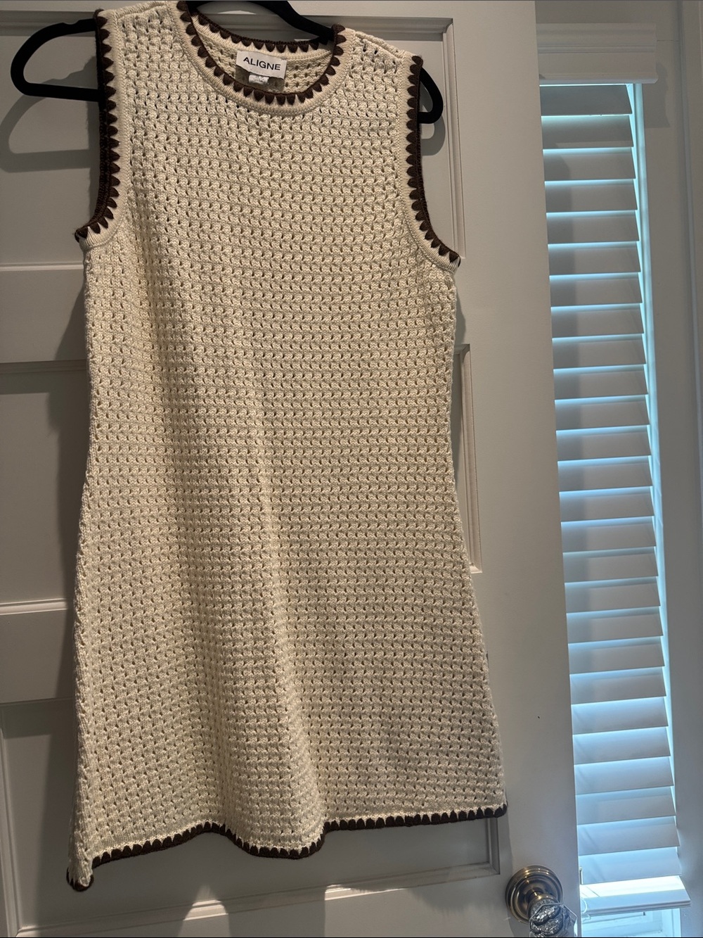 A.L.C. Sleeveless Crochet Knit Mini Dress in Cream with Brown Trim